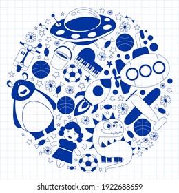 Vector pattern with toys for kids. Car, ufo, alien, airplane, teddy bear.