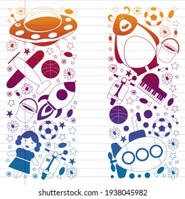 Vector pattern with toys for kids. Car, ufo, alien, airplane, teddy bear.