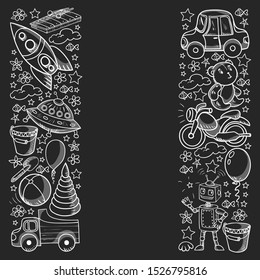 Vector pattern with toys for little kindergarten children. Dinosaur, teddy bear, rocket, ship, airplane, balloon, car, motorcycle, truck.