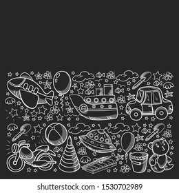 Vector pattern with toys for little kindergarten children. Dinosaur, teddy bear, rocket, ship, airplane, balloon, car, motorcycle, truck.
