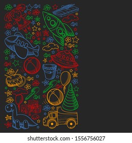 Vector pattern with toys for little kindergarten children. Dinosaur, teddy bear, rocket, ship, airplane, balloon, car, motorcycle, truck.