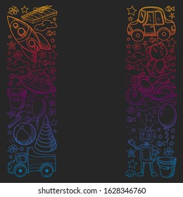 Vector pattern with toys for little kindergarten children. Dinosaur, teddy bear, rocket, ship, airplane, balloon, car, motorcycle, truck.