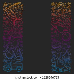 Vector pattern with toys for little kindergarten children. Dinosaur, teddy bear, rocket, ship, airplane, balloon, car, motorcycle, truck.