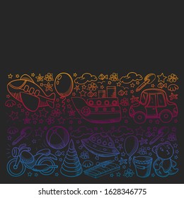 Vector pattern with toys for little kindergarten children. Dinosaur, teddy bear, rocket, ship, airplane, balloon, car, motorcycle, truck.