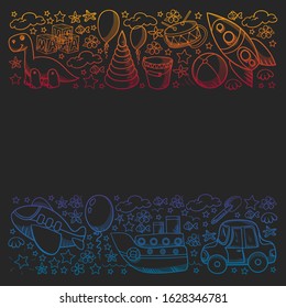 Vector pattern with toys for little kindergarten children. Dinosaur, teddy bear, rocket, ship, airplane, balloon, car, motorcycle, truck.