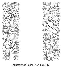 Patrón vectorial con juguetes para niños de jardín de infantes. Dinosaurio, oso de peluche, cohete, barco, avión, globo, camión, motocicleta, coche.