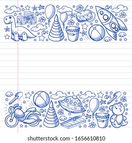 Vector pattern with toys for little kindergarten children. Dinosaur, teddy bear, rocket, ship, airplane, balloon, car, motorcycle, truck.