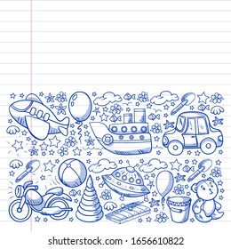 Vector pattern with toys for little kindergarten children. Dinosaur, teddy bear, rocket, ship, airplane, balloon, car, motorcycle, truck.