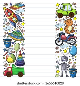 Vector pattern with toys for little kindergarten children. Dinosaur, teddy bear, rocket, ship, airplane, balloon, car, motorcycle, truck.