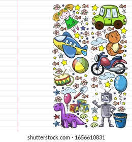 Vector pattern with toys for little kindergarten children. Dinosaur, teddy bear, rocket, ship, airplane, balloon, car, motorcycle, truck.