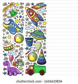 Vector pattern with toys for little kindergarten children. Dinosaur, teddy bear, rocket, ship, airplane, balloon, car, motorcycle, truck.