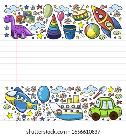Vector pattern with toys for little kindergarten children. Dinosaur, teddy bear, rocket, ship, airplane, balloon, car, motorcycle, truck.