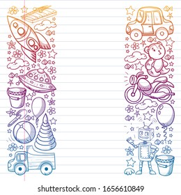 Vector pattern with toys for little kindergarten children. Dinosaur, teddy bear, rocket, ship, airplane, balloon, car, motorcycle, truck.