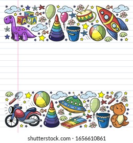 Vector pattern with toys for little kindergarten children. Dinosaur, teddy bear, rocket, ship, airplane, balloon, car, motorcycle, truck.