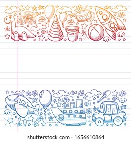 Vector pattern with toys for little kindergarten children. Dinosaur, teddy bear, rocket, ship, airplane, balloon, car, motorcycle, truck.