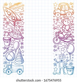 Vector pattern with toys for little kindergarten children. Dinosaur, teddy bear, rocket, ship, airplane, balloon, car, motorcycle, truck.