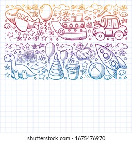 Vektorillustration mit Spielzeug für kleine Kindergartenkinder. Dinosaurier, Teddybär, Rakete, Schiff, Flugzeug, Ballon, Auto, Motorrad, LKW.