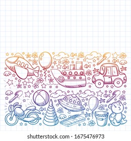 Vector pattern with toys for little kindergarten children. Dinosaur, teddy bear, rocket, ship, airplane, balloon, car, motorcycle, truck.