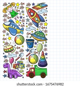 Patrón vectorial con juguetes para niños de jardín de infantes. Dinosaurio, oso de peluche, cohete, barco, avión, globo, camión, motocicleta, coche.
