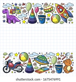 Vector pattern with toys for little kindergarten children. Dinosaur, teddy bear, rocket, ship, airplane, balloon, car, motorcycle, truck.