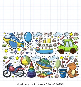 Vector pattern with toys for little kindergarten children. Dinosaur, teddy bear, rocket, ship, airplane, balloon, car, motorcycle, truck.