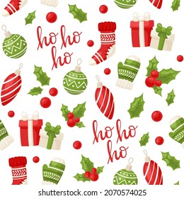 Vector pattern with traditional Christmas and New Year elements on white background. Cute ornament of paper, fabric, cover and others for your design.