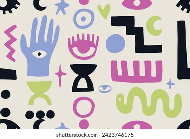 Vector pattern of traditional jewish and African ethnic symbols snake hand eye zionism magic tarot eye textile print colorful