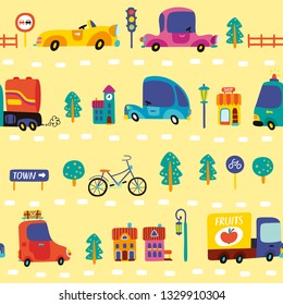 Vector pattern with transport in cartoon style. Design for children.