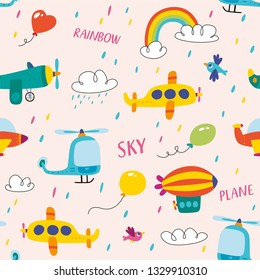 Vector pattern with transport in cartoon style. Design for children.