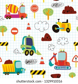 Vector pattern with transport in cartoon style. Design for children.