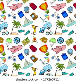 Vector pattern of travel badges and icons.Set of travel badges and icons in color vector pattern.