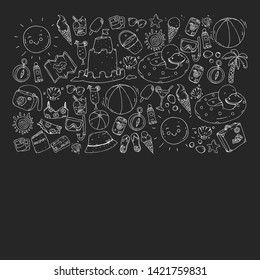 Vector pattern with travel and beach icons.