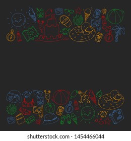 Vector pattern with travel and beach icons.