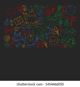 Vector pattern with travel and beach icons.