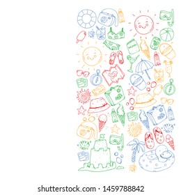 Vector pattern with travel and beach icons.