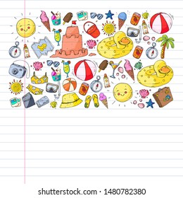 Vector pattern with travel and beach icons.