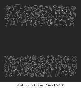 Vector pattern with travel and beach icons.