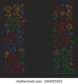 Vector pattern with travel and beach icons. Parents with little kids. Children summer vacation.