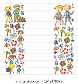 Vector pattern with travel and beach icons. Parents with little kids. Children summer vacation.