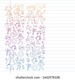 Vector pattern with travel and beach icons. Parents with little kids. Children summer vacation.
