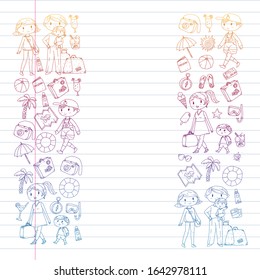 Vector pattern with travel and beach icons. Parents with little kids. Children summer vacation.