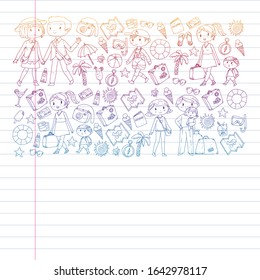 Vector pattern with travel and beach icons. Parents with little kids. Children summer vacation.
