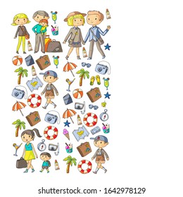 Vector pattern with travel and beach icons. Parents with little kids. Children summer vacation.