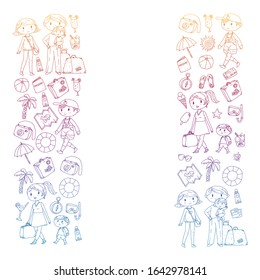 Vector pattern with travel and beach icons. Parents with little kids. Children summer vacation.