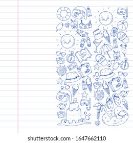 Vector pattern with travel and beach icons.