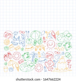Vector pattern with travel and beach icons.
