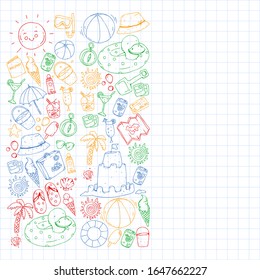 Vector pattern with travel and beach icons.