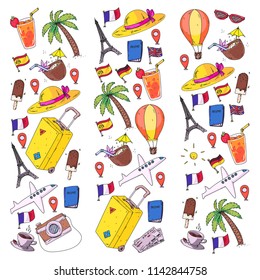 Vector pattern with travel icons. Get ready for adventures and travel. Great vacation, holidays. Hot air balloon, suitcase, airplane.