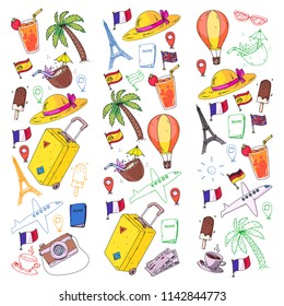 Vector pattern with travel icons. Get ready for adventures and travel. Great vacation, holidays. Hot air balloon, suitcase, airplane.
