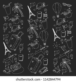 Vector pattern with travel icons. Get ready for adventures and travel. Great vacation, holidays. Hot air balloon, suitcase, airplane.